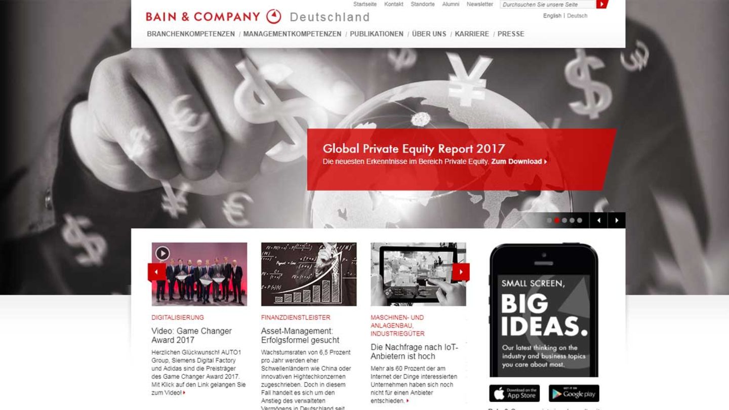 Bain & Company ist eine international tätige Unternehmensberatung - und landet beim aktuellen Glassdoor-Ranking auf dem ersten Platz. Mit einer Gesamtwertung von 4,7 bei rund 1900 Bewertungen setzt sich die Firma durch.