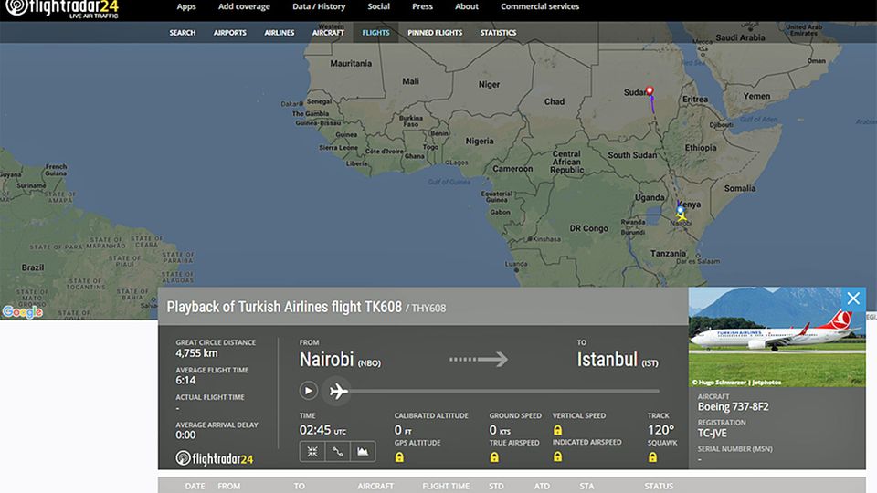 Der  Flug TK806 musste am 30. November eine außerplanmäßige Zwischenlandung in Khartum einlegen.