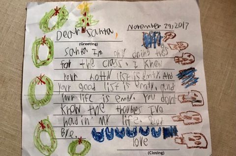 Der abfotografierte Brief mit Adventskränzen und Totenköpfen