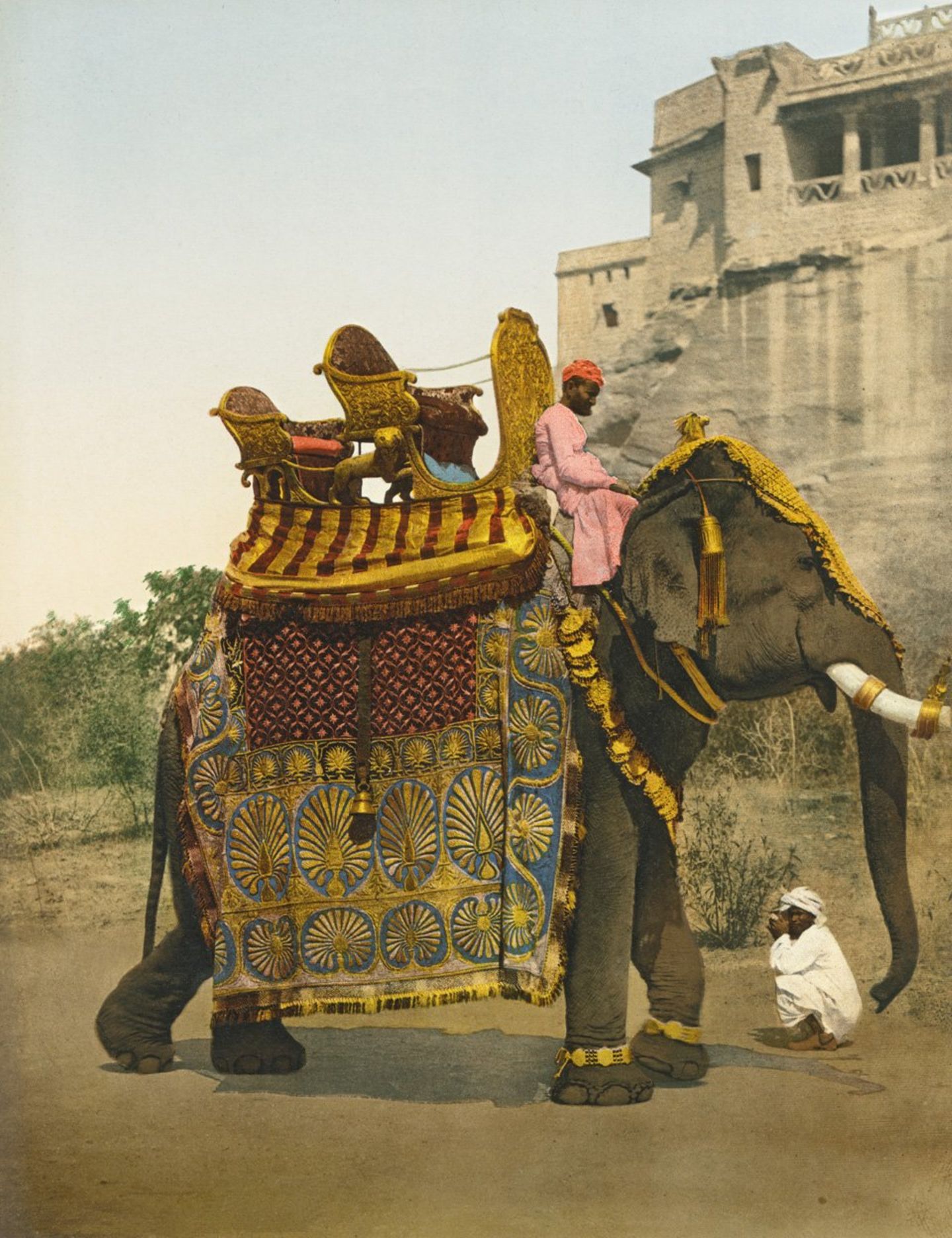 Ein Doppelthron auf einem Elefanten: Diese kolorierte Postkarte mit dem Paradeelefanten stammt aus Indien