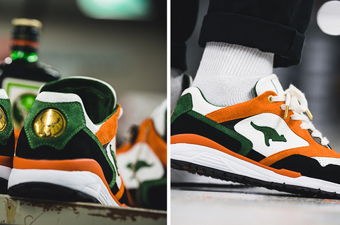 Ein Schuhpaar mit einem Jägermeister-Deckel auf den Fersen