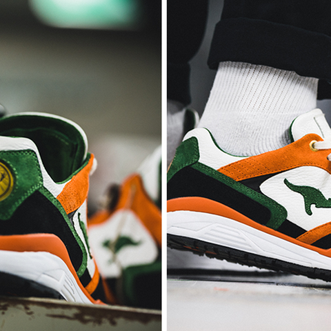 Ein Schuhpaar mit einem Jägermeister-Deckel auf den Fersen