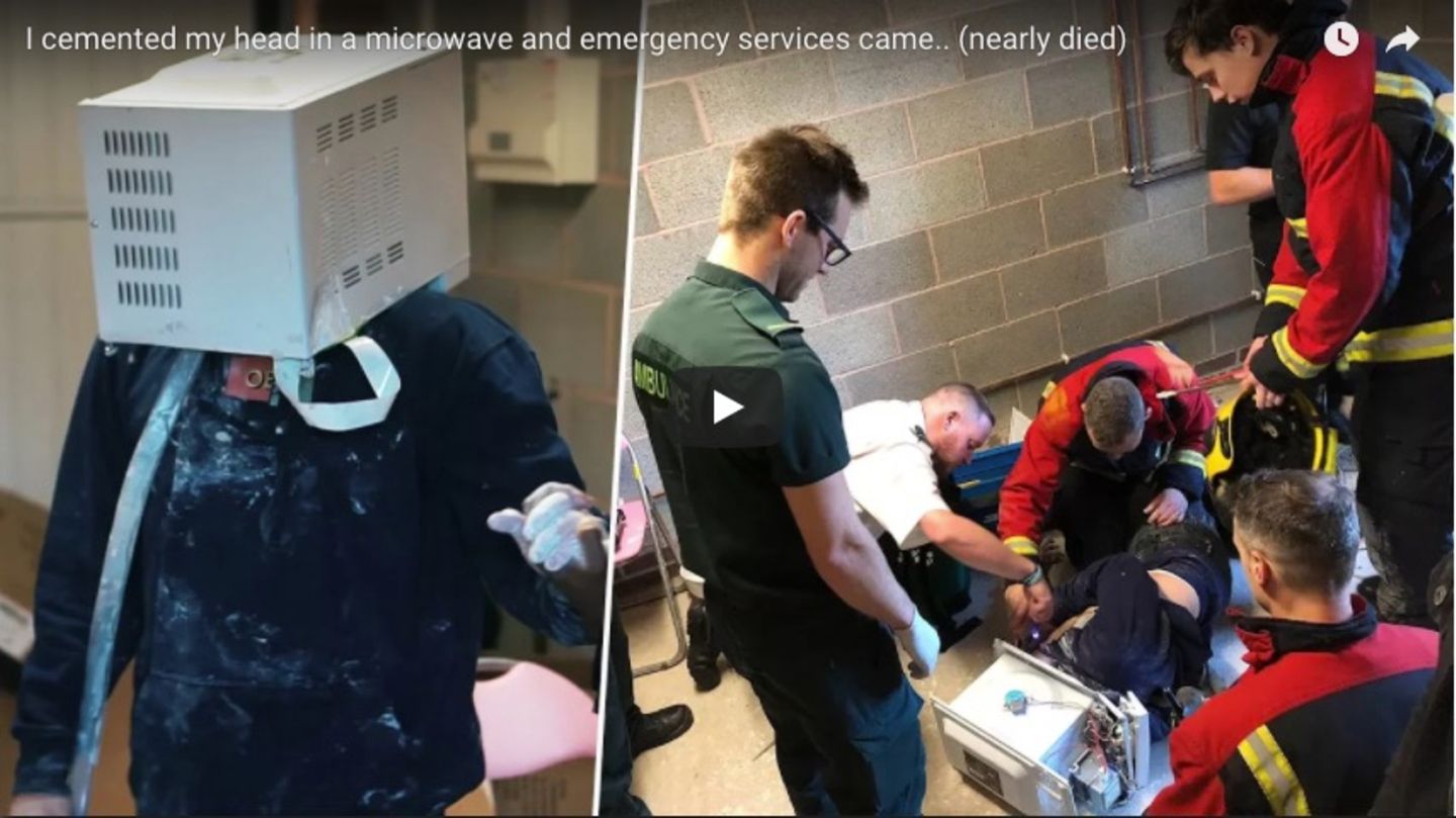 Zwei Bilder zeigen den Briten in der Mikrowelle und seine Retter