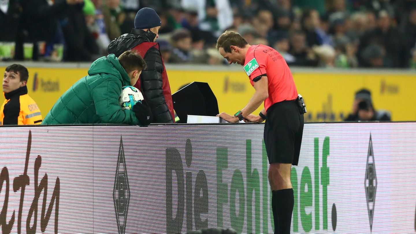 Referee Stegemann schaut sich die Szene vor dem Elfmeterpfiff noch einmal an