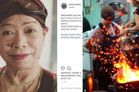 Auf Instagram ist Jay Fai häufig zu sehen: Links ein Portrait von thetravellist_net. Rechts die Köchin (mit Skibrille) in Action von Instagrammer jslim60.