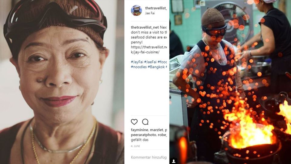 Auf Instagram ist Jay Fai häufig zu sehen: Links ein Portrait von thetravellist_net. Rechts die Köchin (mit Skibrille) in Action von Instagrammer jslim60.