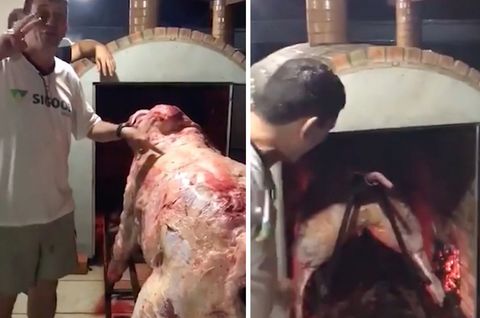 Extremes Barbecue: Brasilianer schieben ganze Kuh in den Ofen - und sorgen bei Gästen für Aufsehen