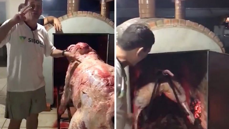 Extremes Barbecue: Brasilianer schieben ganze Kuh in den Ofen - und sorgen bei Gästen für Aufsehen Extremes Barbecue: Brasilianer schieben ganze Kuh in den Ofen - und sorgen bei Gästen für Aufsehen