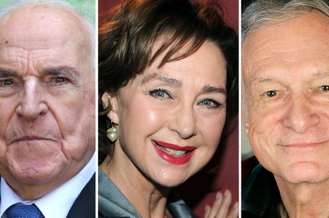 Helmut Kohl (l.), Christine Kaufmann, Hugh Hefner