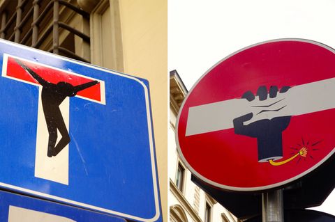 Guerilla-Kunst: Mann verwandelt Verkehrsschilder in skurrile Kunstwerke