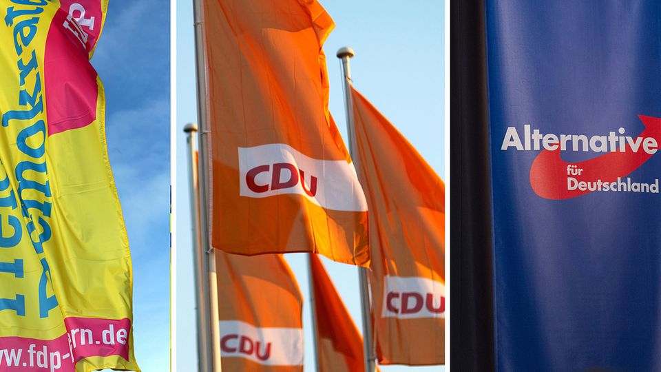 Eine Kombo zeigt Flaggen der FDP, der CDU und der Alternative für Deutschland