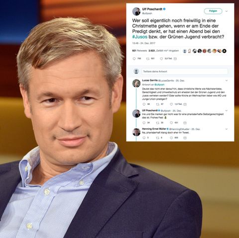 "Welt"-Chefredakteur Ulf Poschardt sitzt in einem TV-Studio, neben ihm sein Tweet über die Christmette