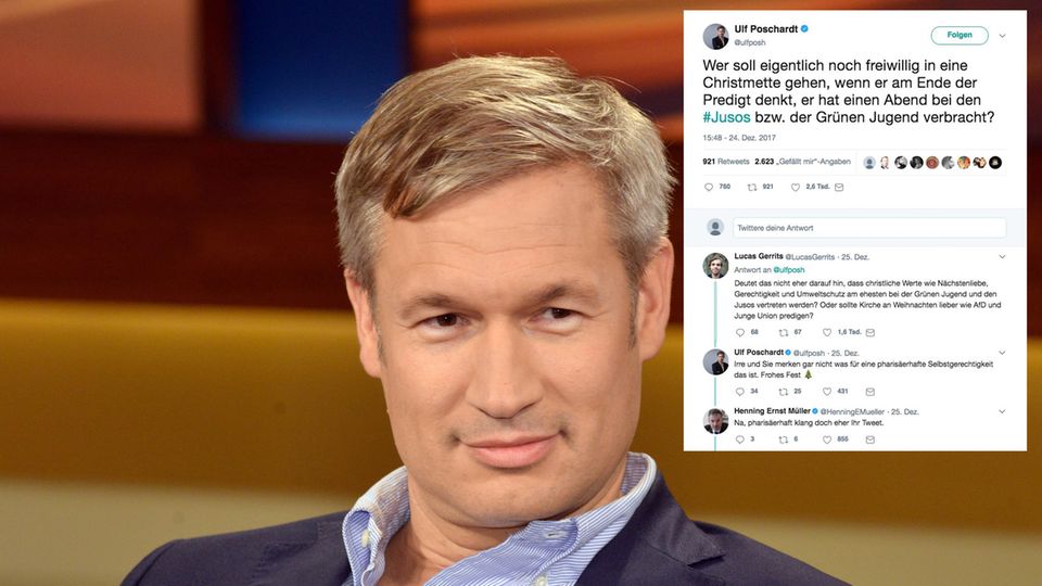 "Welt"-Chefredakteur Ulf Poschardt sitzt in einem TV-Studio, neben ihm sein Tweet über die Christmette