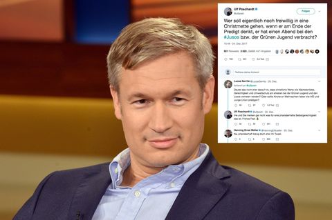 "Welt"-Chefredakteur Ulf Poschardt sitzt in einem TV-Studio, neben ihm sein Tweet über die Christmette