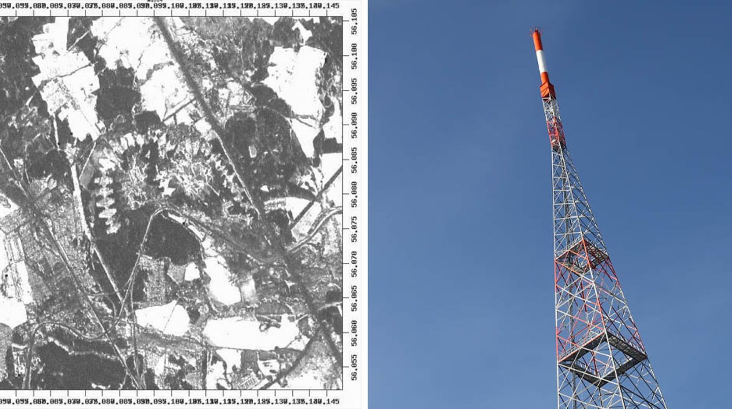 Eine Satellitenbild der Sendeanlage der Radiostation, ein Sendemast
