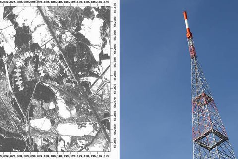 Eine Satellitenbild der Sendeanlage der Radiostation, ein Sendemast