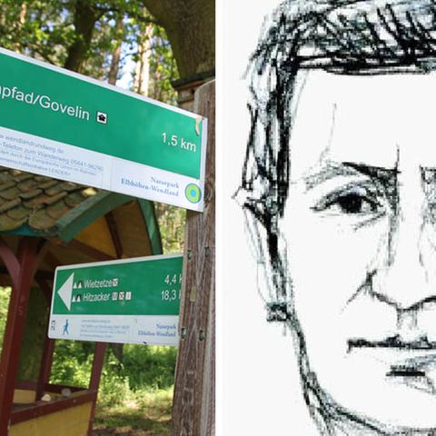 Ein Wegweiser in der Göhrde bei Lüneburg und ein Phantombild des Täters