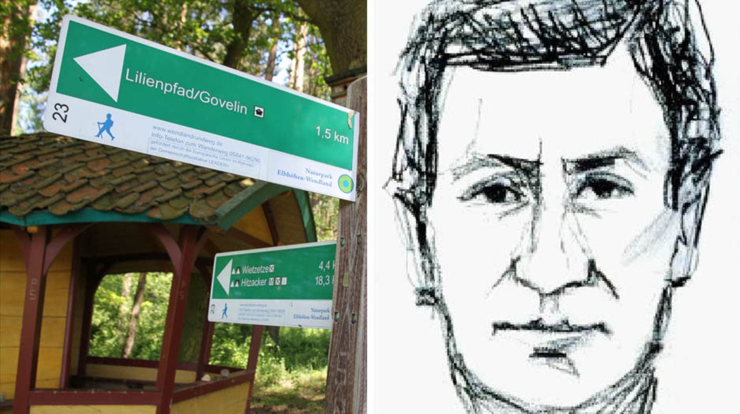 Ein Wegweiser in der Göhrde bei Lüneburg und ein Phantombild des Täters