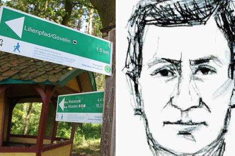 Ein Wegweiser in der Göhrde bei Lüneburg und ein Phantombild des Täters