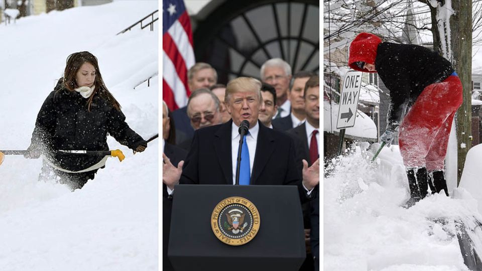 Menschen in den USA kämpfen mit Schneemassen, US-Präsident Donald Trump