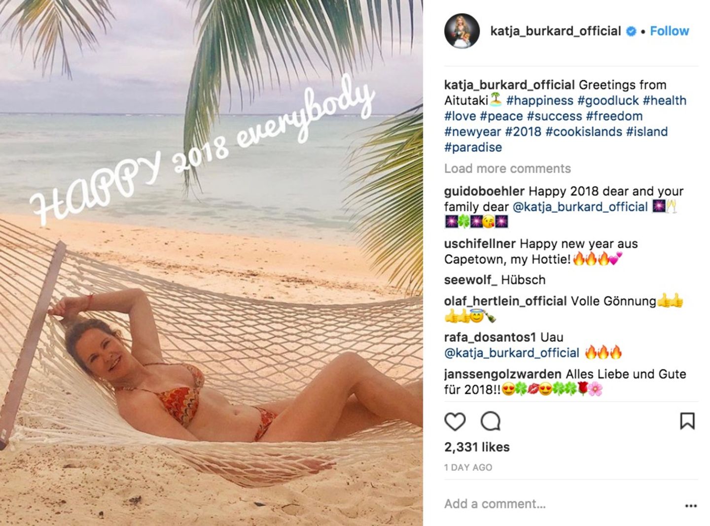 Aus der Südsee von der Cookinsel Aitutaki grüßt TV-Moderatorin Katja Burkhard