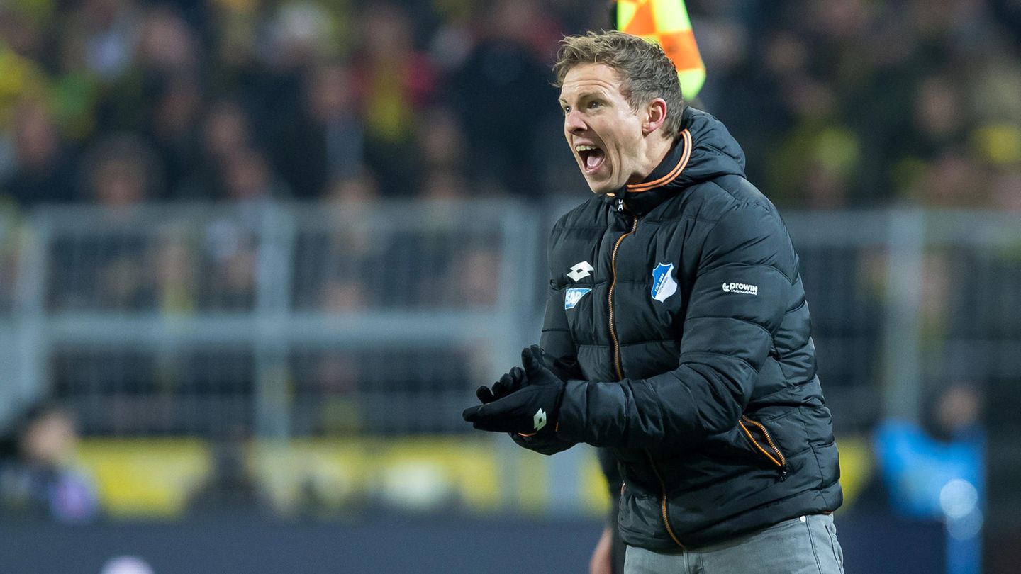 Julian Nagelsmann schreit der Mannschaft vom TSG 1899 Hoffenheim Anweisungen zu