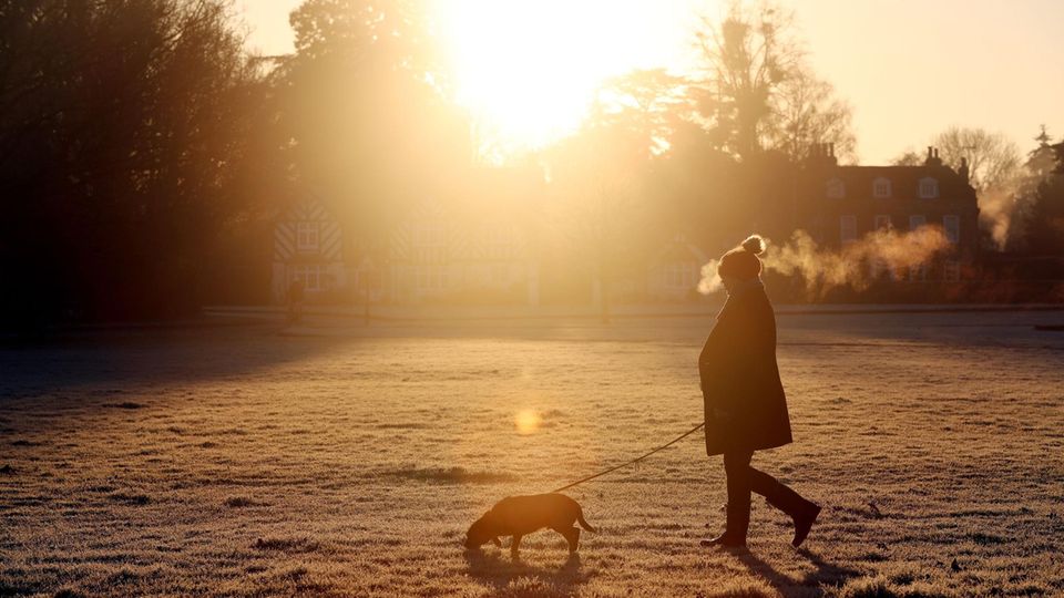 Eine Frau läuft mit ihrem Hund an der Leine über eine mit Raureif überzogene Wiese. Hinter ihr steht niedrig die Wintersonne
