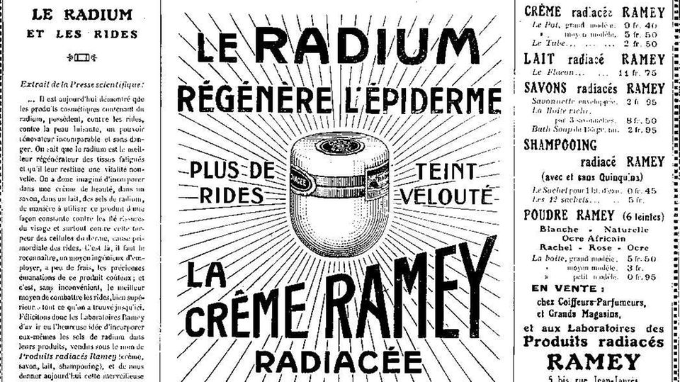 Kosmetikprodukte mit Radium Eine Werbeanzeige für die Ramey-Creme, die Radium enthielt