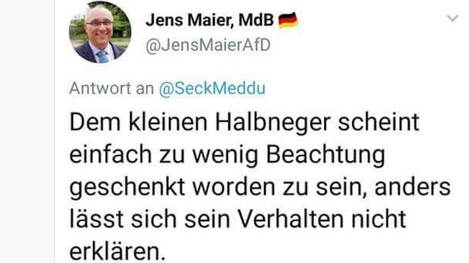 Bundestagsmitglied Jens Maier: AfD-Politiker sorgt mit rassistischem Tweet für Empörung Bundestagsmitglied Jens Maier: AfD-Politiker sorgt mit rassistischem Tweet für Empörung