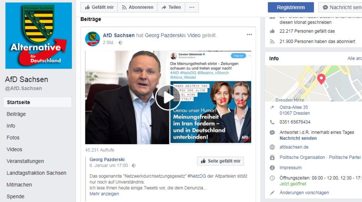 Die Facebook-Seite des AfD-Landesverbandes Sachsen