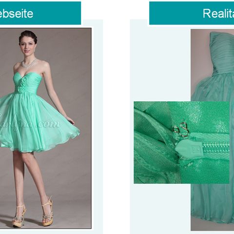 Dieses Traumkleidchen von der Seite Edressit.com erwies sich als Reinfall: Im Brust- und Taillenbereich war es zu eng, die Nähte schienen nach außen durch. Außerdem fiel schon beim ersten Tragen das Häkchen zum Verschließen ab.