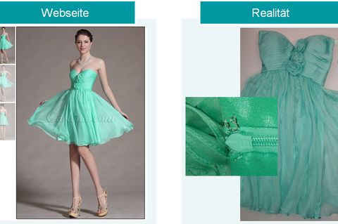 Dieses Traumkleidchen von der Seite Edressit.com erwies sich als Reinfall: Im Brust- und Taillenbereich war es zu eng, die Nähte schienen nach außen durch. Außerdem fiel schon beim ersten Tragen das Häkchen zum Verschließen ab.