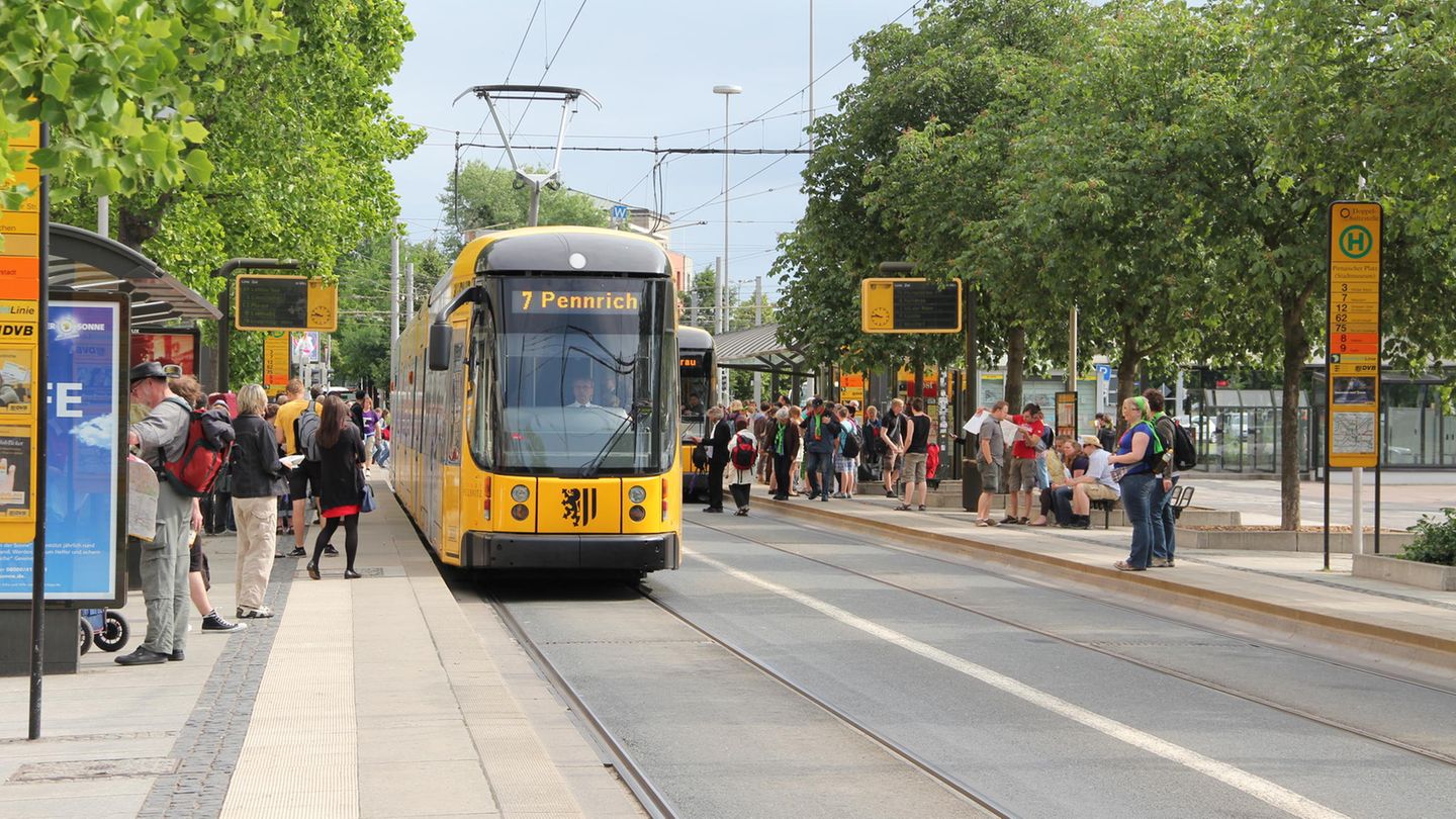 Eine Straßenbahn der Linie 7 an einer Haltestelle in Dresden