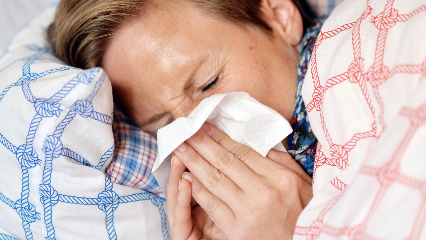 Grippewelle 2017/2018: Eine Frau liegt mit einer Grippe-Erkrankung im Bett und schnäuzt in ein Taschentuch