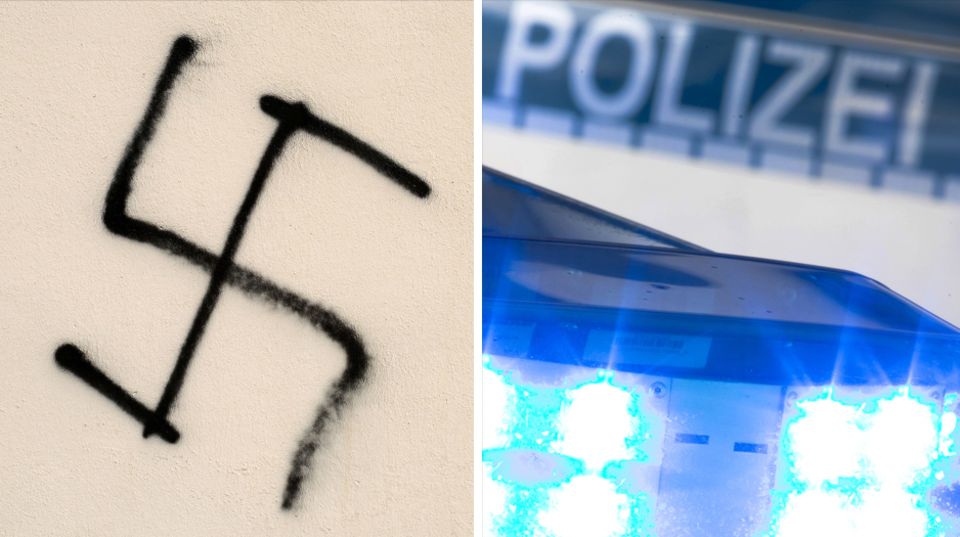 Vorfall in Chemnitz: ein an eine Hauswand geschmiertes Hakenkreuz und das Blaulich eines Polizeiwagens