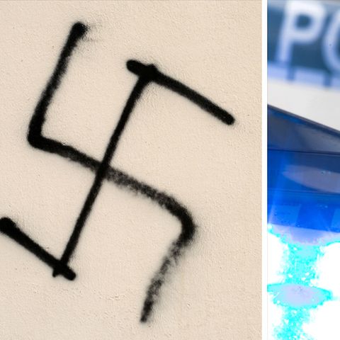 Vorfall in Chemnitz: ein an eine Hauswand geschmiertes Hakenkreuz und das Blaulich eines Polizeiwagens