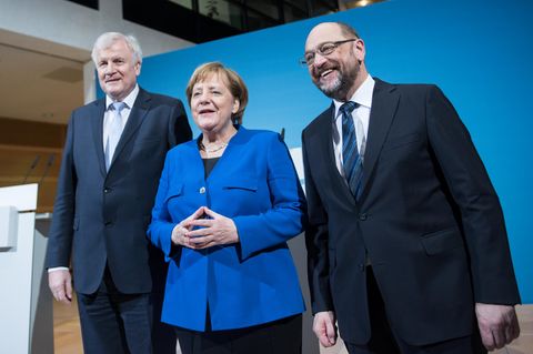 Horst Seehofer (CSU), Angela Merkel (CDU) und Marin Schulz (SPD) nach den Sondierungen
