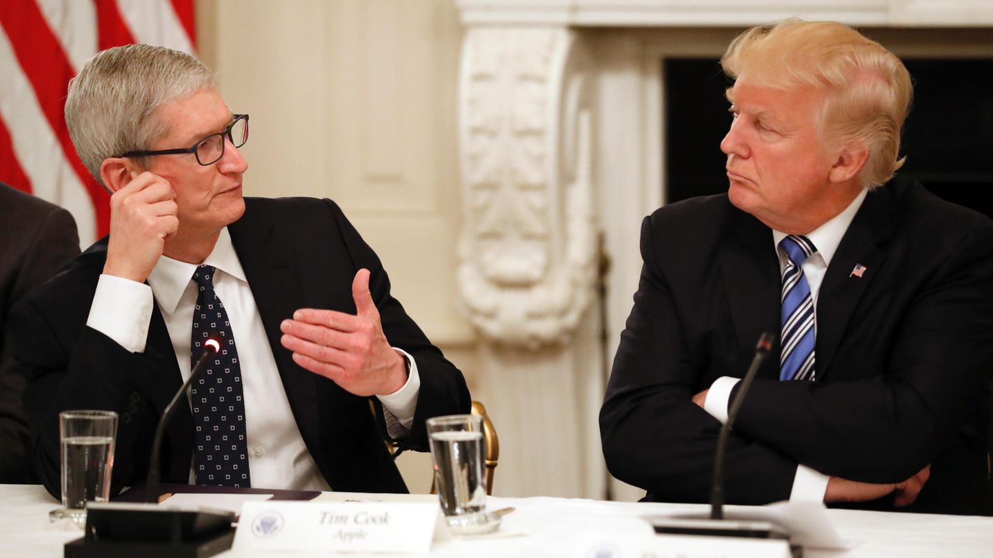 Apple-Chef Tim Cook und Donald Trump im Gespräch während eines US-Technologie-Treffens im vergangenen Jahr