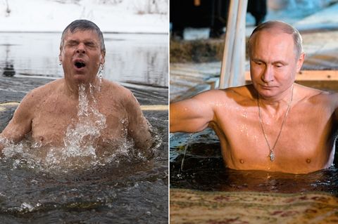 US-Botschafter Jon Huntsman (l.) und Russlands Präsident Wladimir Putin beim Eisbaden