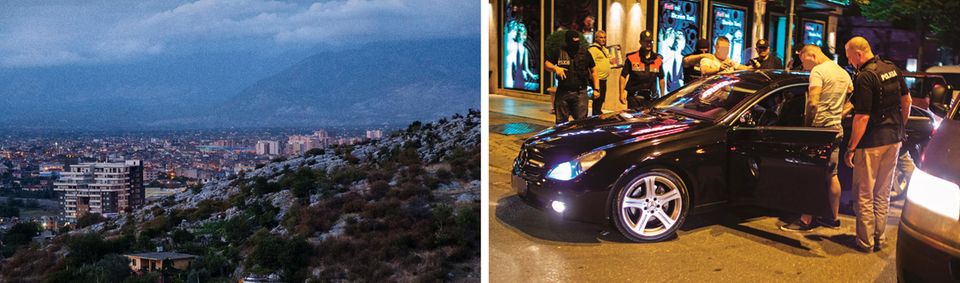 Die Spur der Drogen Panorama der Großstadt in Albanien, Polizeikontrolle