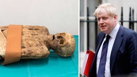 Die Mumie (l.) wurde 1975 in Basel entdeckt. Es ist eine Vorfahrin des britischen Außenministers Boris Johnson