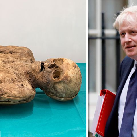Die Mumie (l.) wurde 1975 in Basel entdeckt. Es ist eine Vorfahrin des britischen Außenministers Boris Johnson