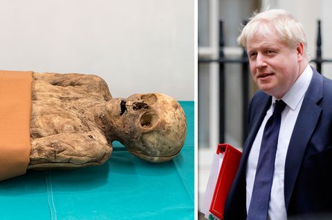 Die Mumie (l.) wurde 1975 in Basel entdeckt. Es ist eine Vorfahrin des britischen Außenministers Boris Johnson