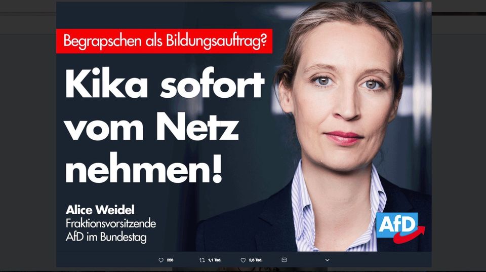 Tweet von Alice Weidel mit der Headline: "Kika sofort vom Netz nehmen!"
