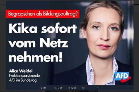 Tweet von Alice Weidel mit der Headline: "Kika sofort vom Netz nehmen!"