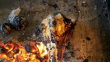 Der Knochen einer Kuh röstet an Holzkohlenglut