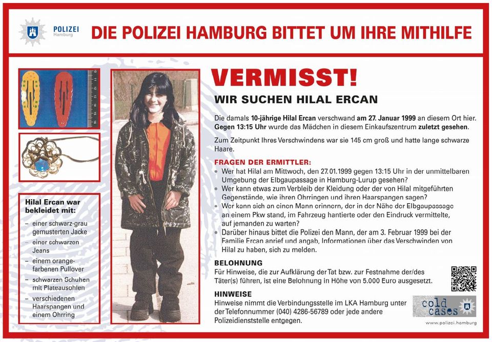 Vermisstenfall Hilal Ercan Das Fahndungsplakat der Hamburger Polizei zum Verschwinden von Hilal Ercan