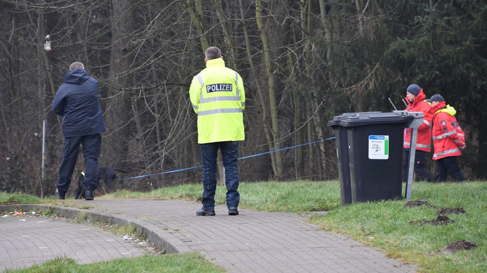 2,3 Millionen Euro aus Geldtransporter verschwunden Polizisten und ein Hund durchsuchen das gelände eines Autobahnparkplatzes