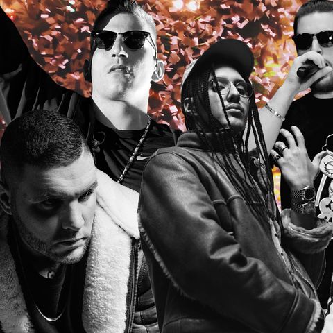 Die Rapper Fler, Rin, Bausa, Gzuz, Raf Camora und Nimo aus Deutschland auf einem Bild.
