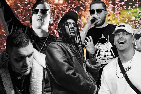 Die Rapper Fler, Rin, Bausa, Gzuz, Raf Camora und Nimo aus Deutschland auf einem Bild.